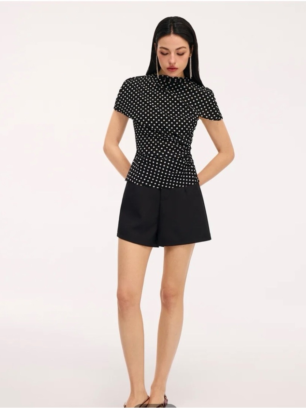 Commense Black Polka Dot Cut-out Ruched Draped Short Sleeve Top - Picture 4 of 7